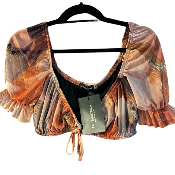 Pretty Little Thing Orange Printed Mesh Tie Front, Puff Sleeve Bralette. Size 6. - Picture 3 of 6